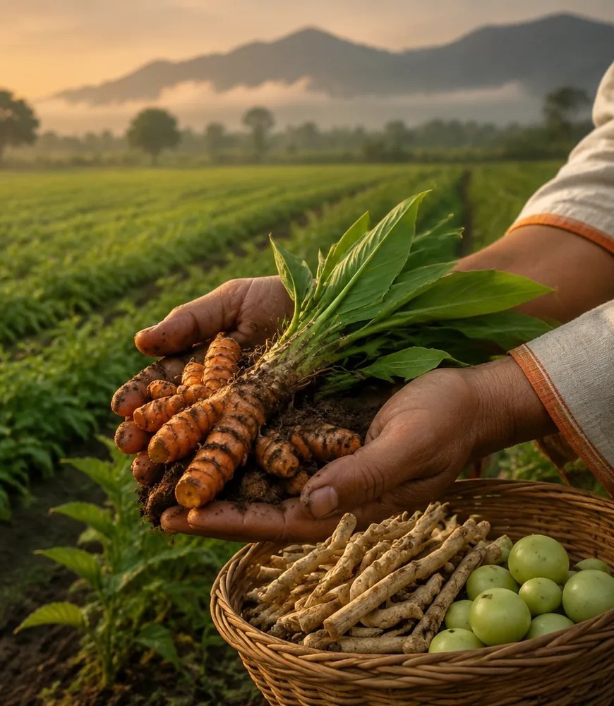 Farmer's hands holding freshly harvested turmeric rhizomes with ashwagandha roots and amla in a basket