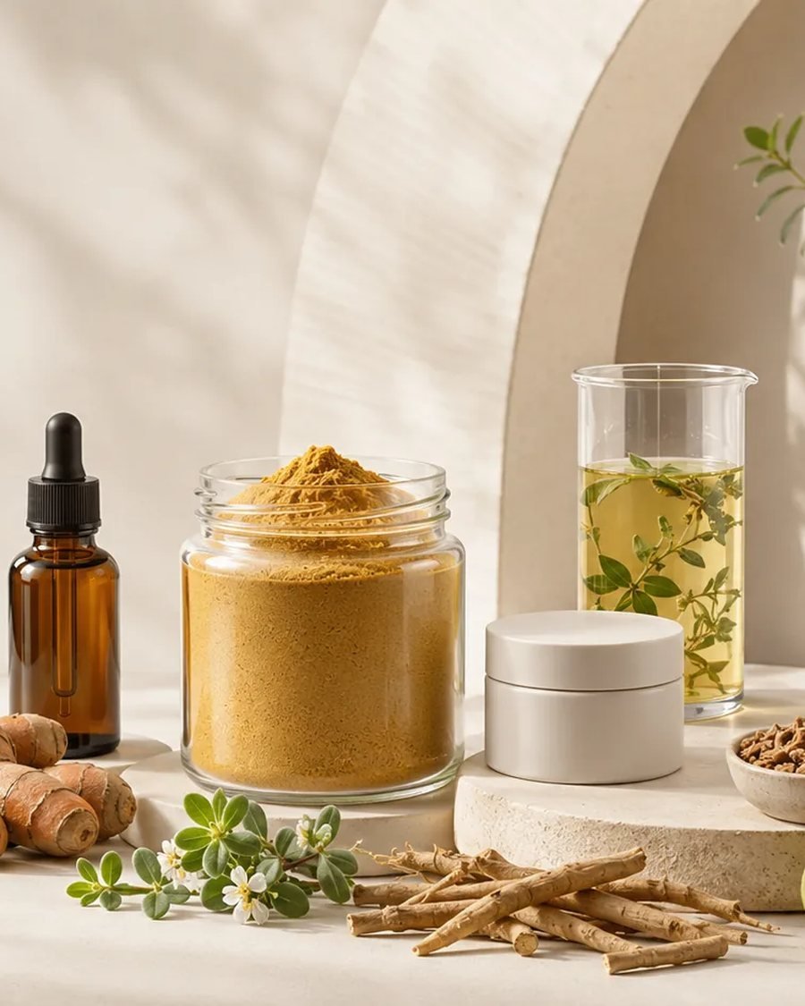 Turmeric extract jar, dropper bottle and fresh herbs in a sunlit studio