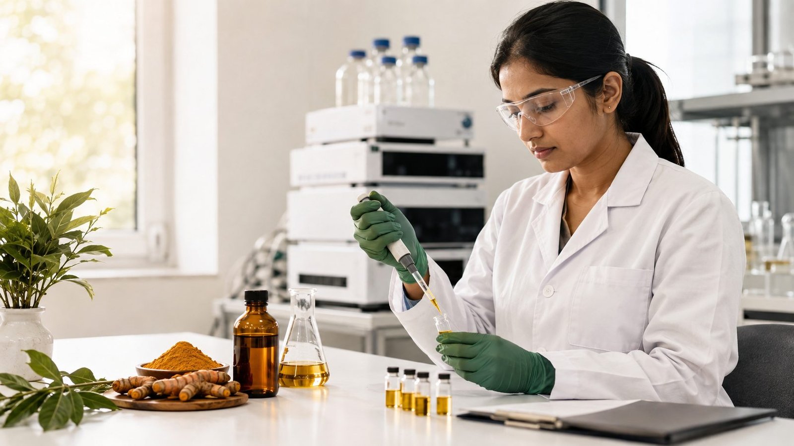 Analyst pipetting an extract sample in the QC laboratory