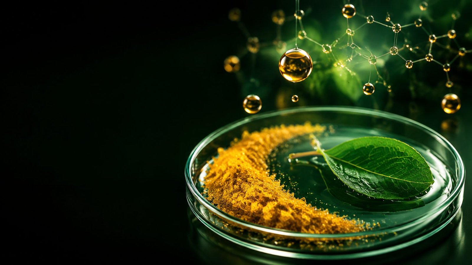 Curcumin crystals and a green leaf in a petri dish with molecular structures